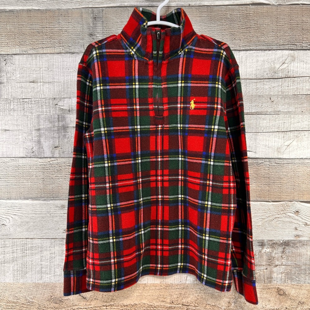 Polo Ralph Lauren Kids Red Green Plaid 1/4 Zip Mock Neck Pullover Size 6
